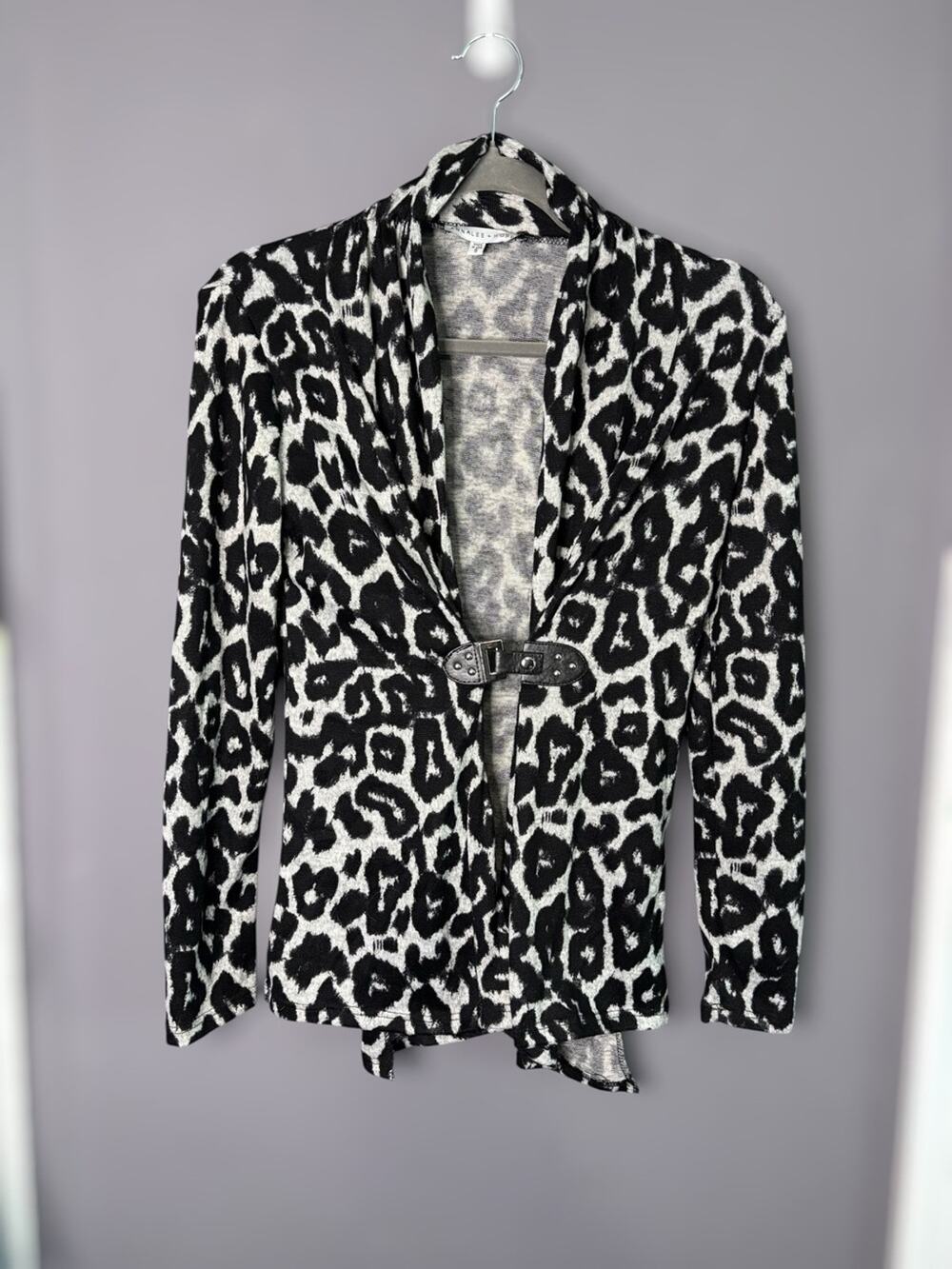 Annalee + Hope Black Gray Leopard Print Cardigan Faux Leather Snap Closure Sm